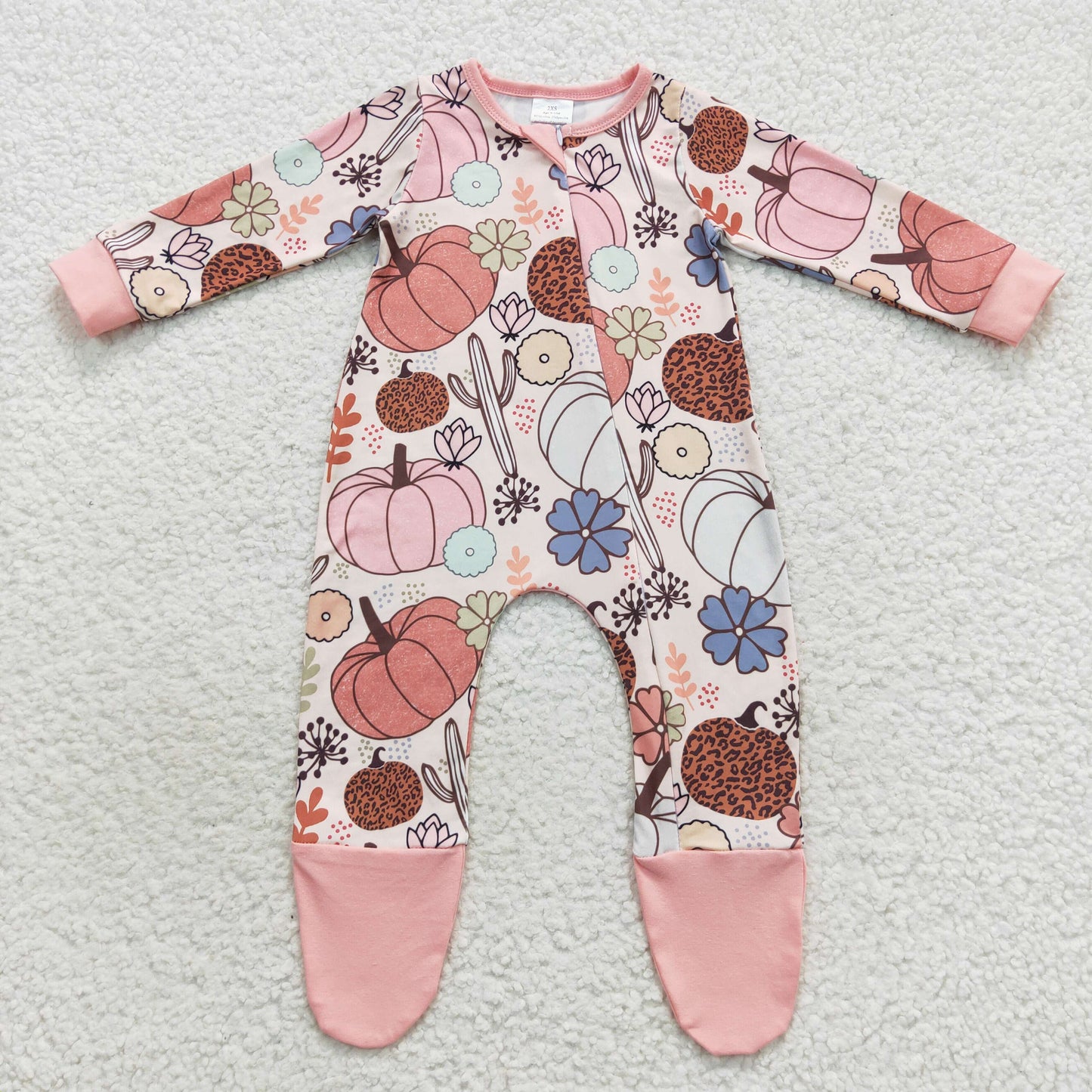 LR0553 Western pumpkin cactus pink long sleeve kids romper