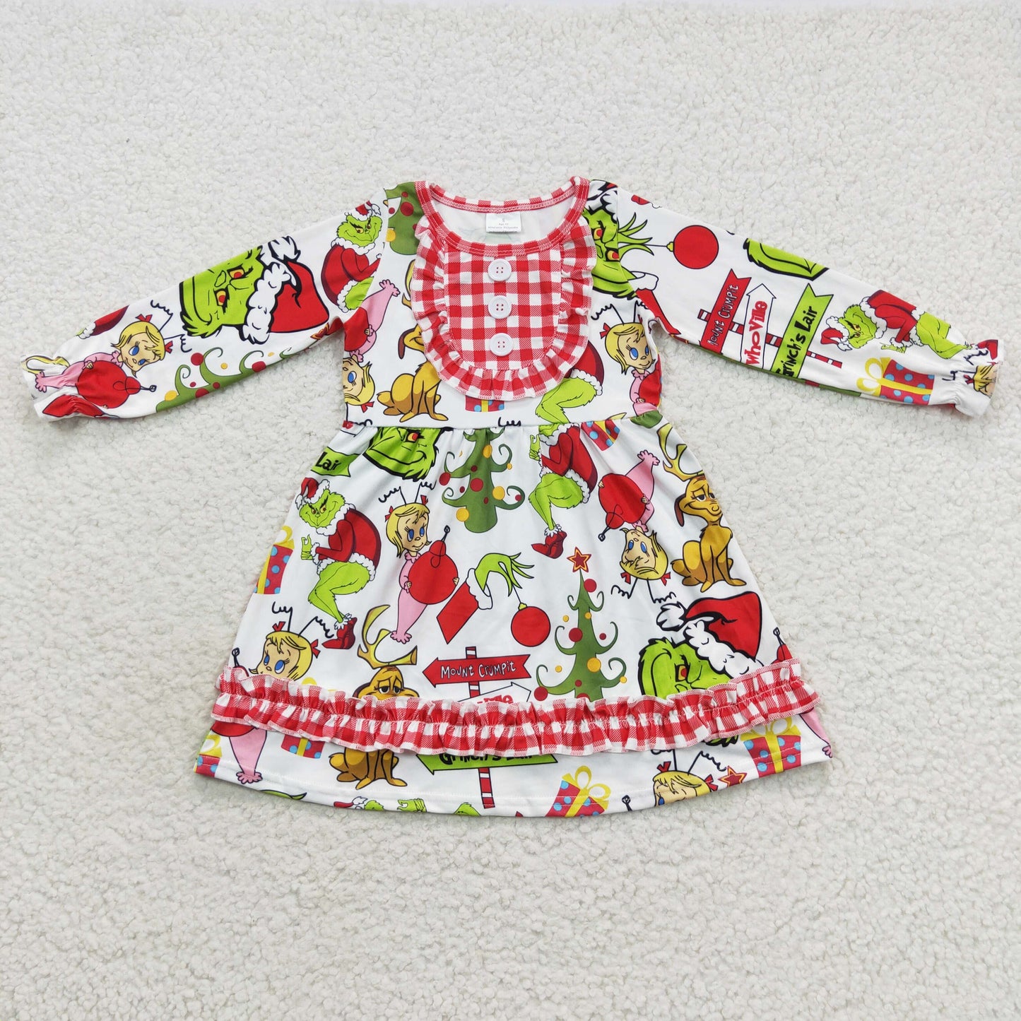 GLD0297 Christmas Green Face Long Sleeve Girls Dress Kids Clothes