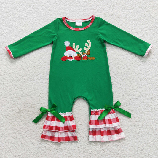 LR0395 Christmas Deer Green Long Sleeves Girls Romper