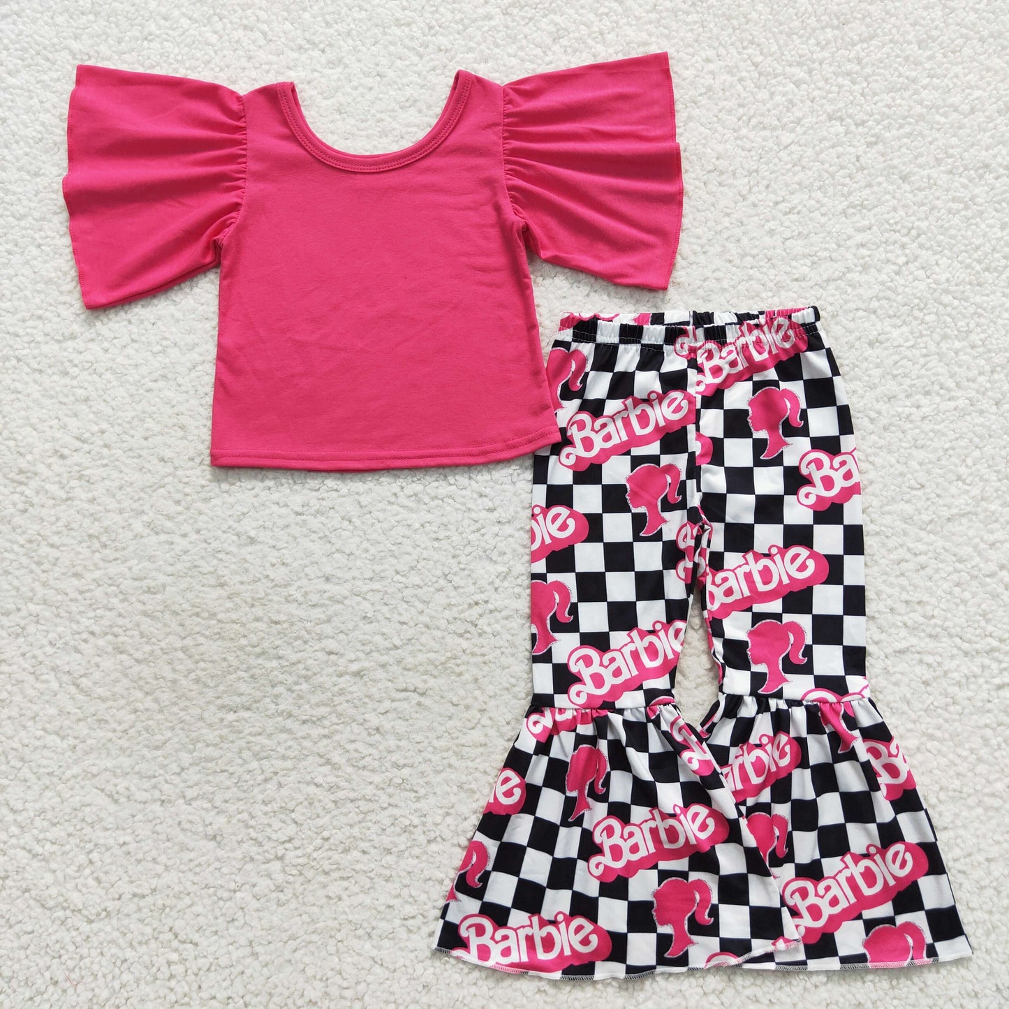 GSPO0809 BA cartoon hot pink black plaid pants girls set