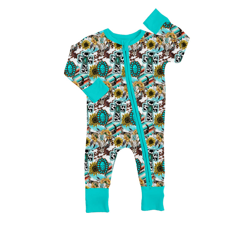 preorder LR0680 Western cow sunflowers turquoise long sleeve kids romper