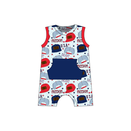 custom style July 4th hat pocket sleeveless boys romper