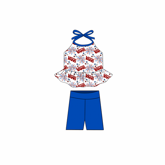 custom style July 4th fireworks lace-up blue shorts girls set