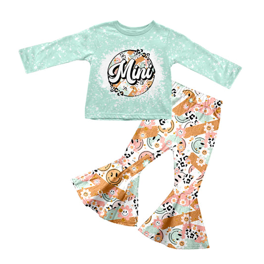 preorder GLP0783 Mini green long sleeve smile flowers pants girls set