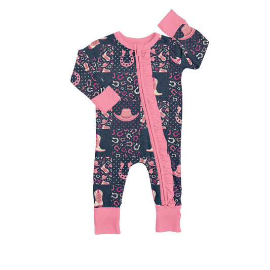 preorder LR0683 Western horseshoe boot hat long sleeve girls romper
