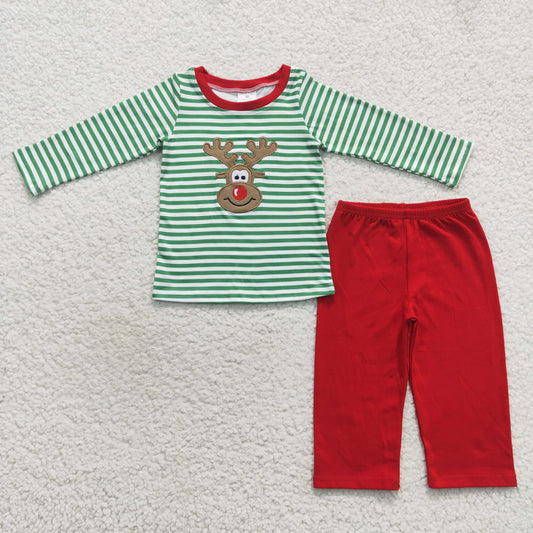 BLP0180 Christmas Embroidery Deer Green Long Sleeves Boys Set