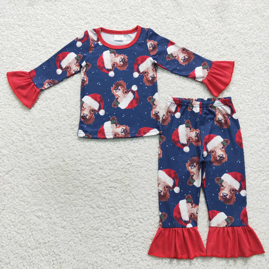 GLP0698 Christmas cow dark blue long sleeve pants girls pajamas