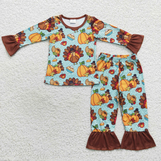 GLP0684 Thanksgiving turkey pumpkin long sleeve pans girls pajamas