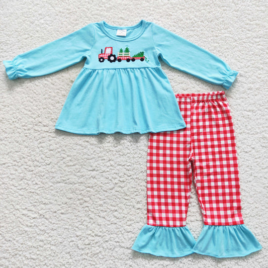 GLP0609 Christmas Truck Tree Long Sleeve Red Pants Girls Set