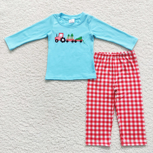 BLP0748 Christmas Truck Tree Long Sleeve Red Pants Boys Set