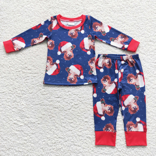 BLP0294 Christmas cow dark blue long sleeve pants boys pajamas