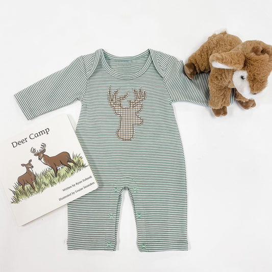 preorder LR0694 Deer green striped long sleeve kids romper