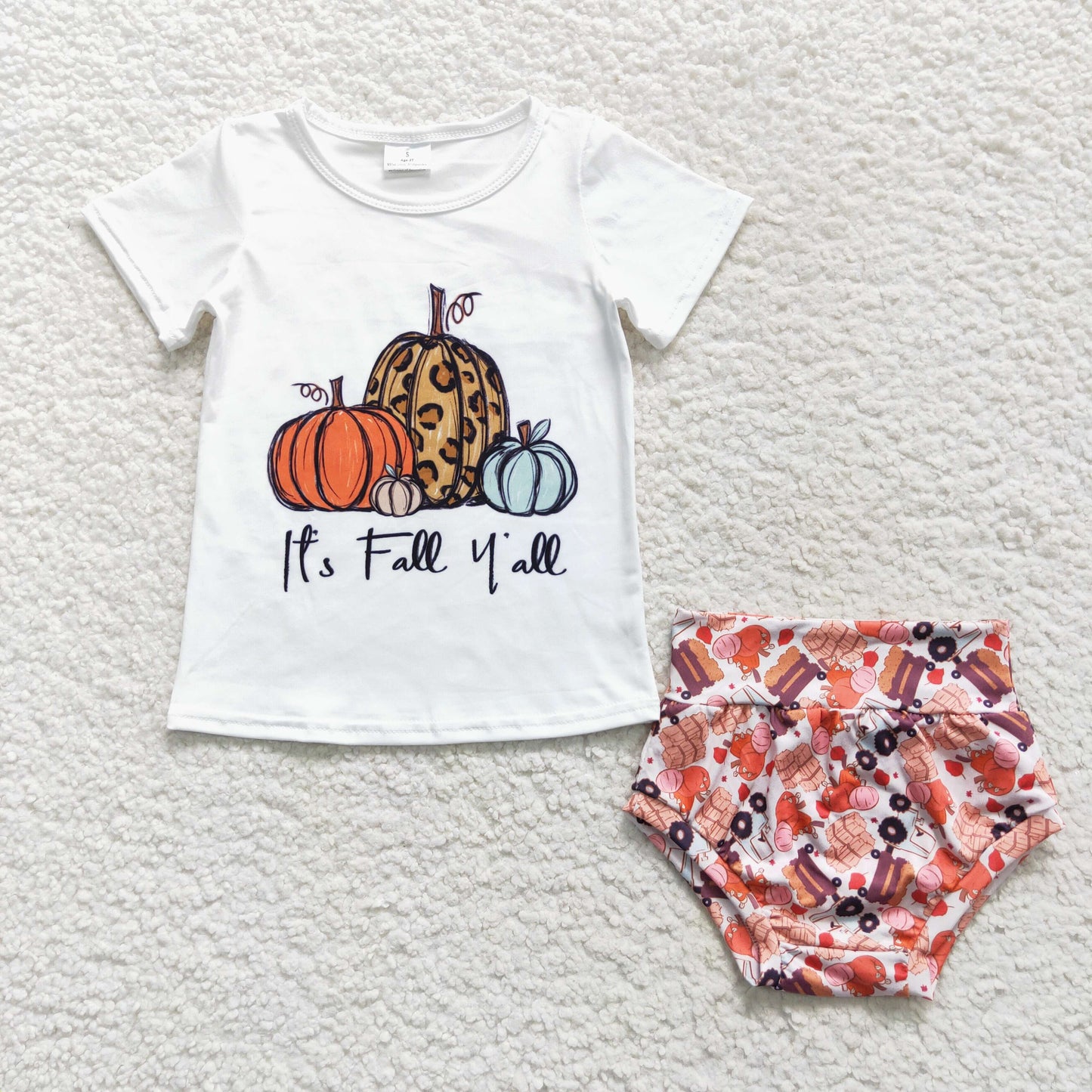 GBO0182 Leopard pumpkin short sleeve Orange truck kids bummies set