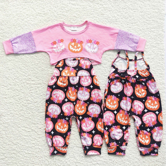 GLP0686 Halloween pumpkin purple long sleeve top jumpsuits girls set