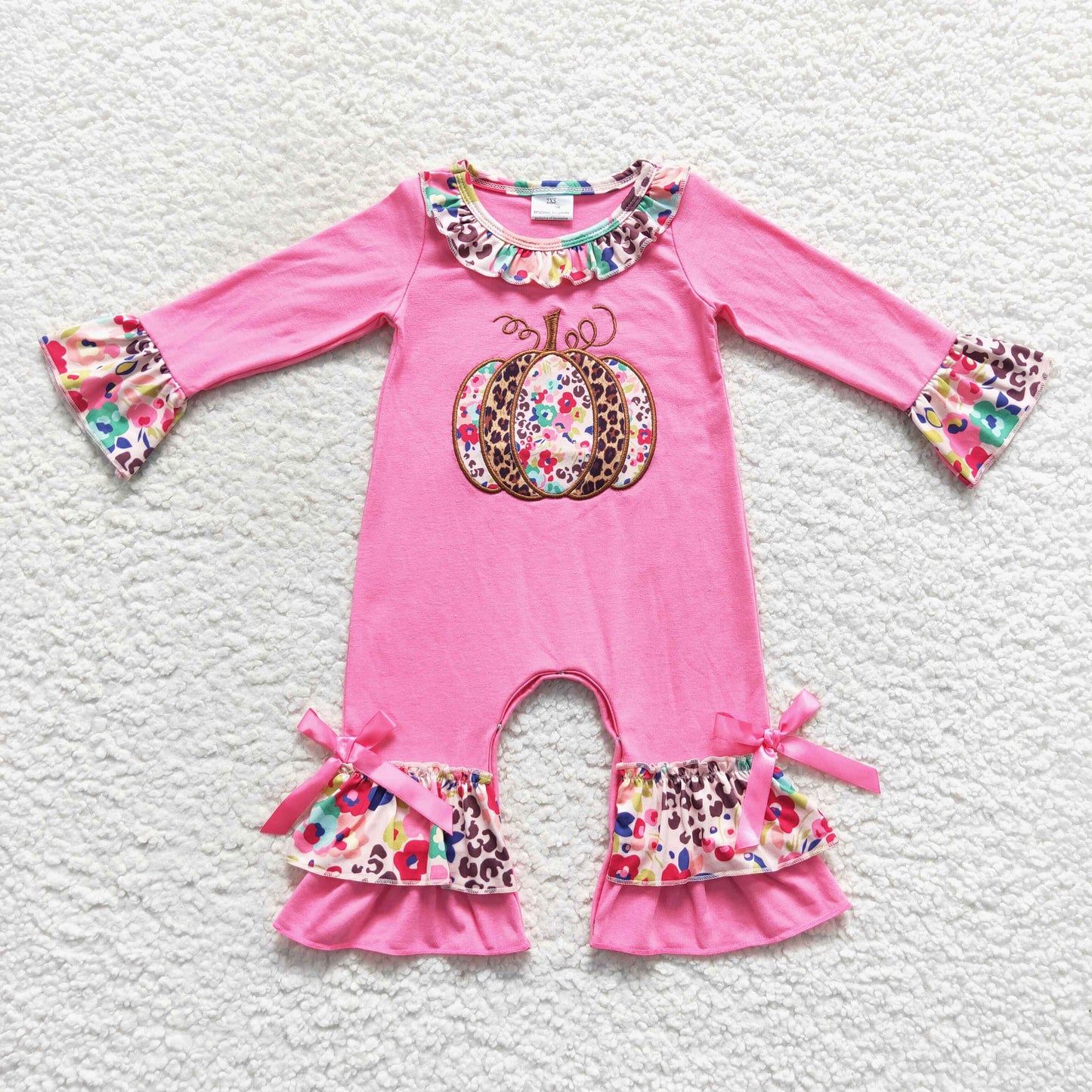 LR0511 Pumpkin Hot Pink Long Sleeve Kids Romper