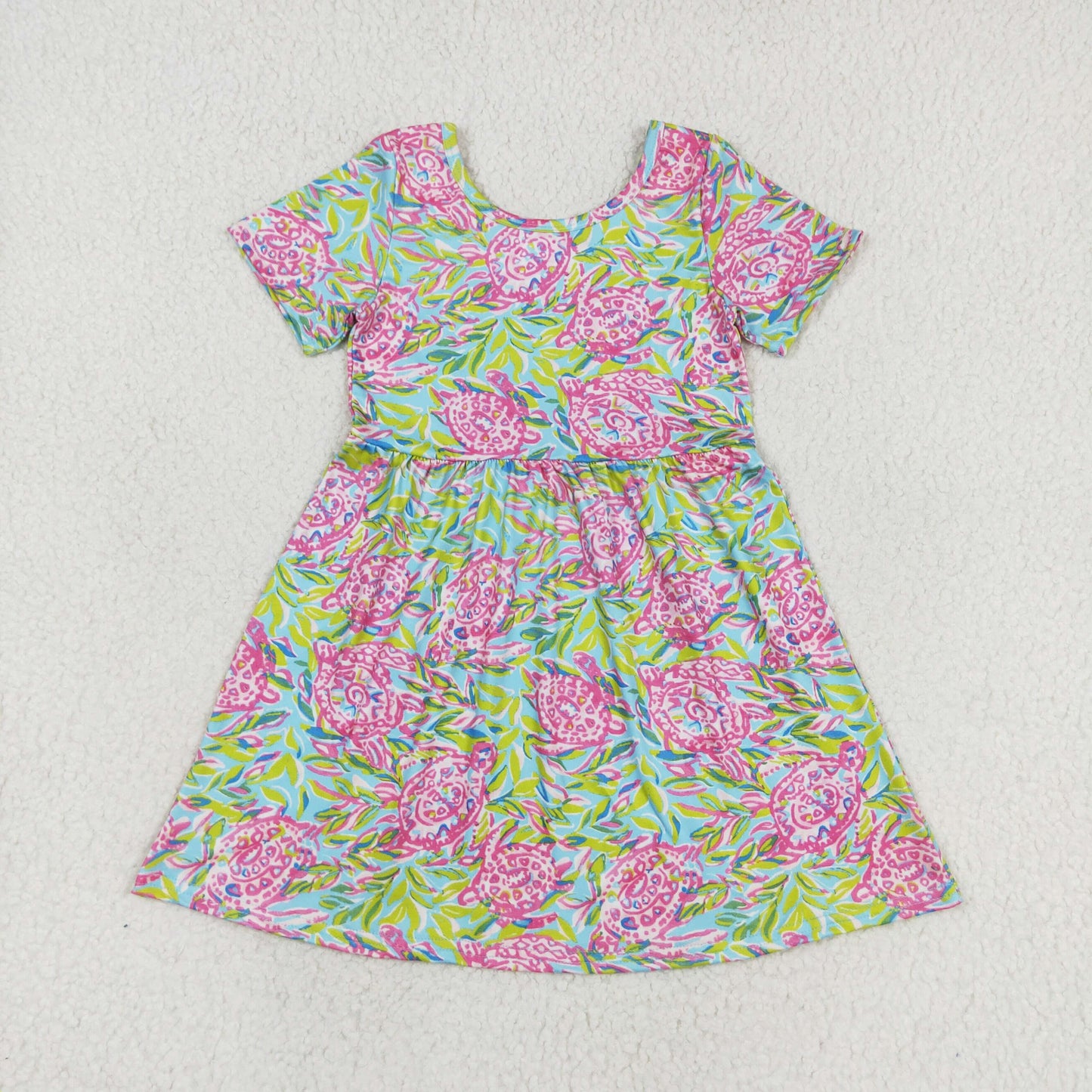 GSD1118 hot pink tortoise green leaf short sleeve girls dress