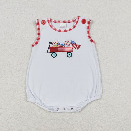 SR1078 embroidery July 4th camping cart flag sleeveless boys romper