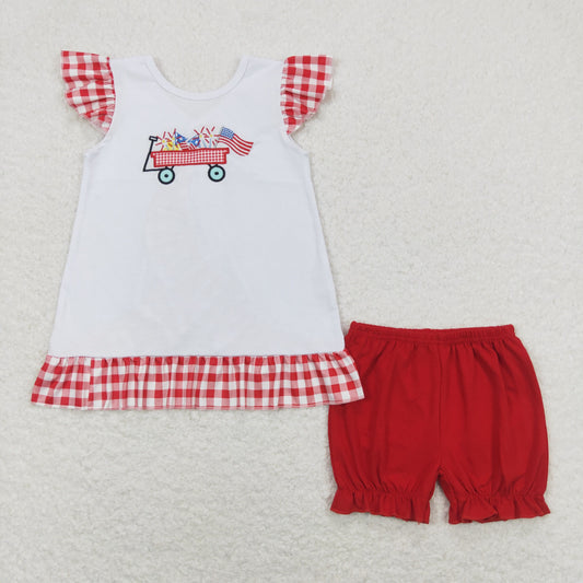 GSSO0662 embroidery July 4th camping cart flag red flutter sleeve red shorts girls set