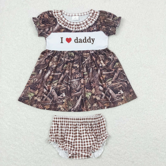 GBO0320 embroidery i love daddy camo branch short sleeve brown checkered girls bummies set