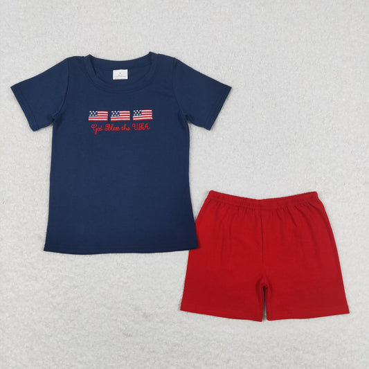 BSSO0713 embroidery July 4th flag dark blue short sleeve red shorts boys set