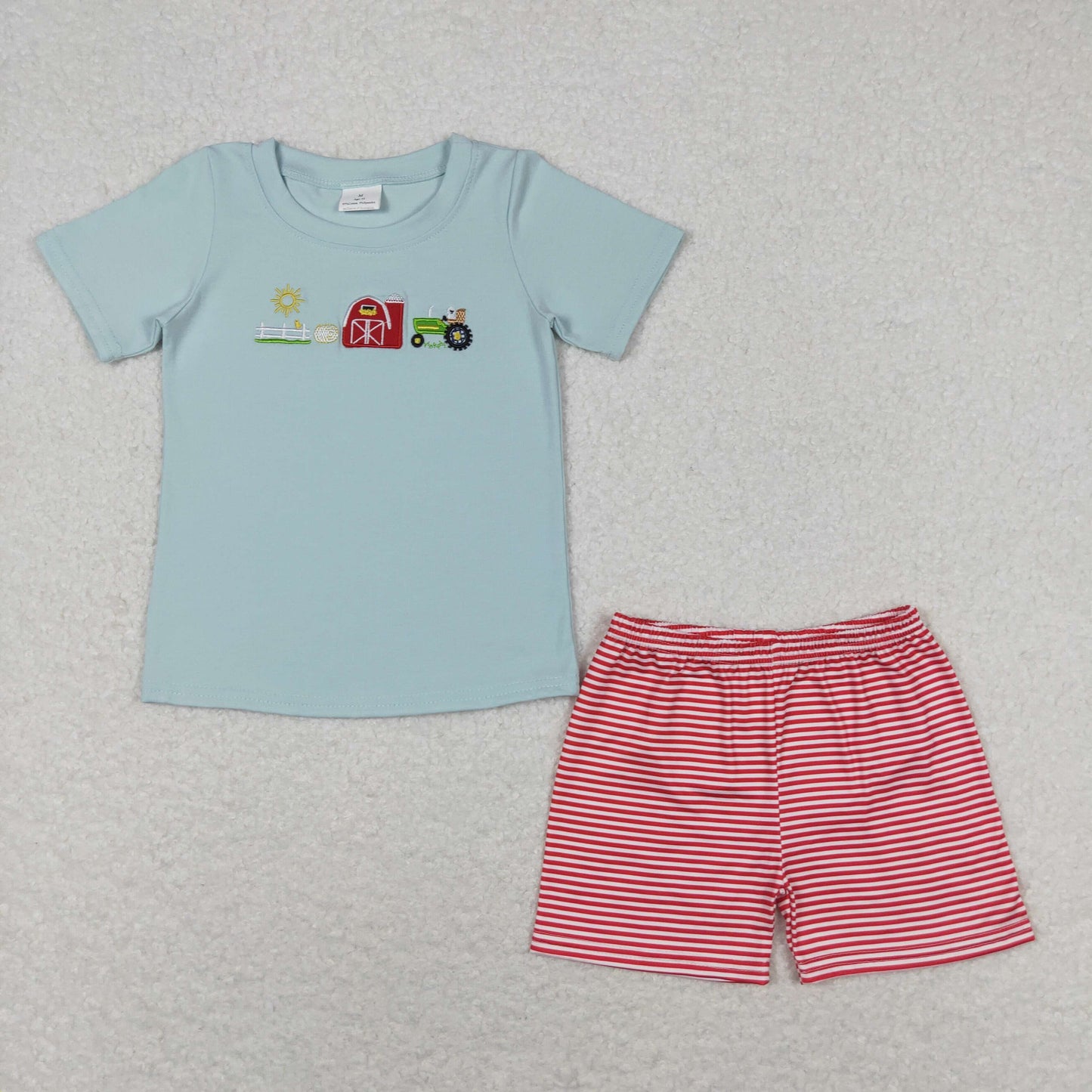 BSSO0702 embroidery Farm house sun tractor white short sleeve red striped shorts boys set