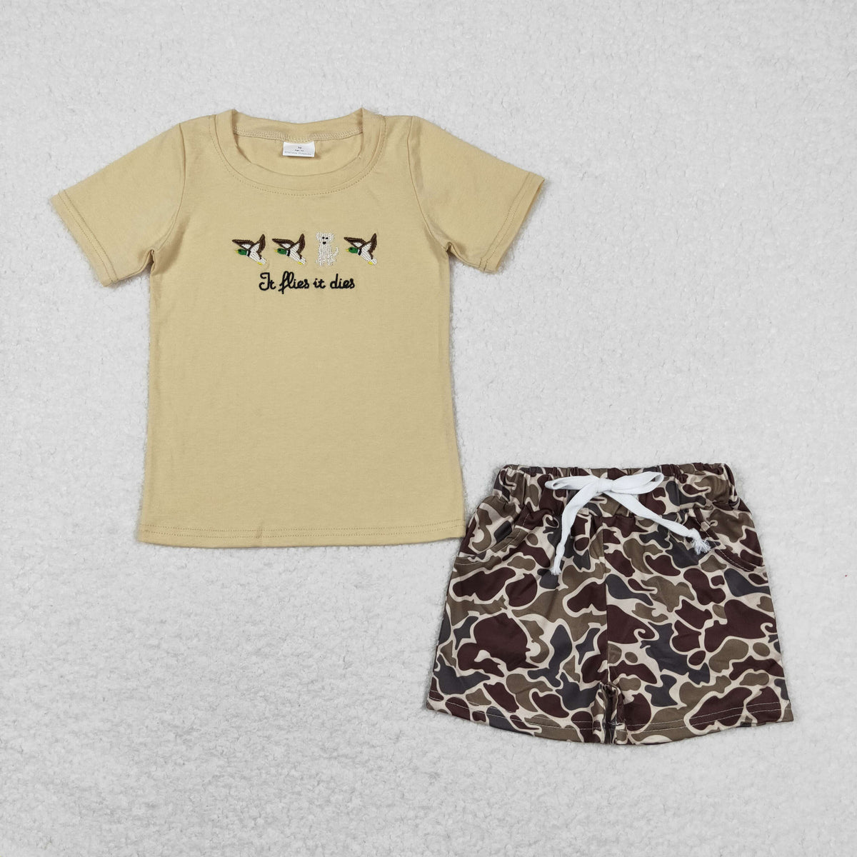 BSSO0711 embroidery Mallard duck dog khaki short sleeve camo shorts boys set