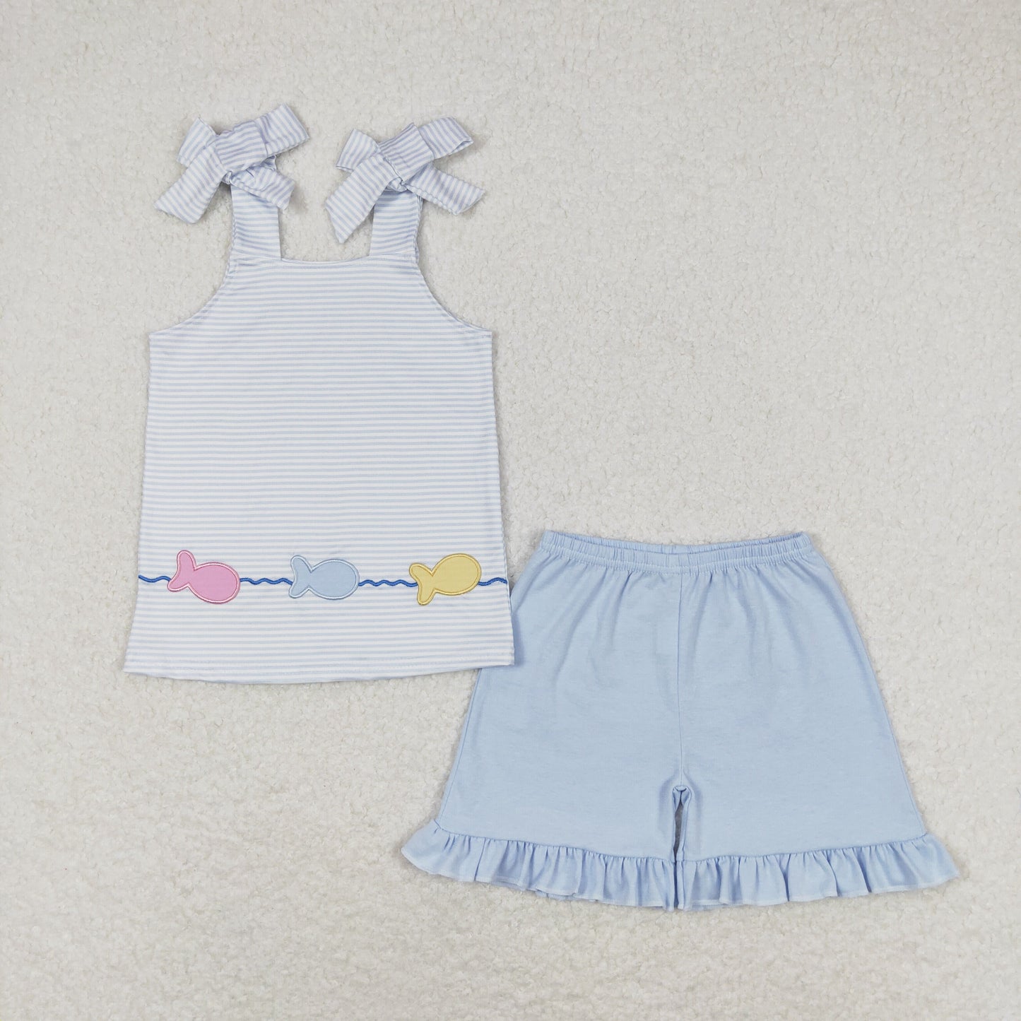 GSSO0809 embroidery colorful fish blue striped sleeveless blue shorts girls set