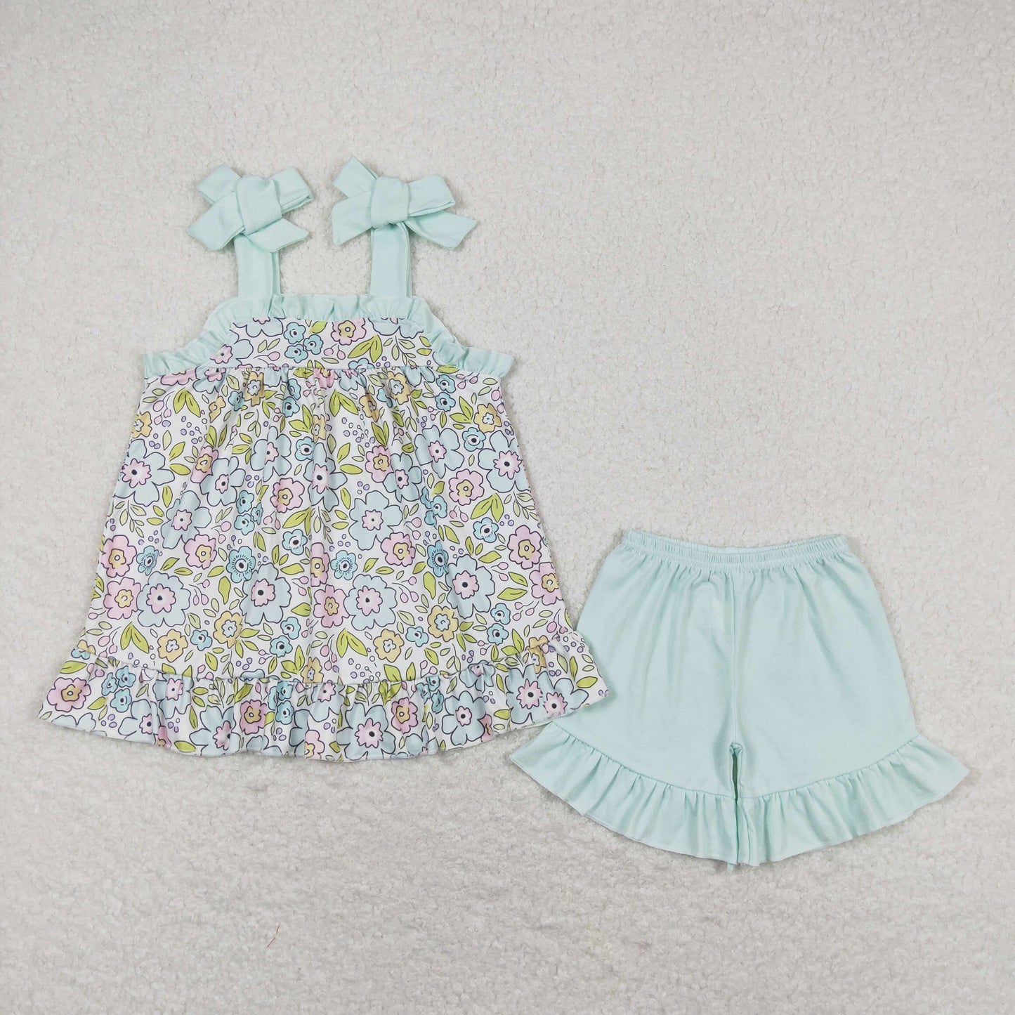 GSSO1018 flowers sky blue lace-up sky blue shorts girls set