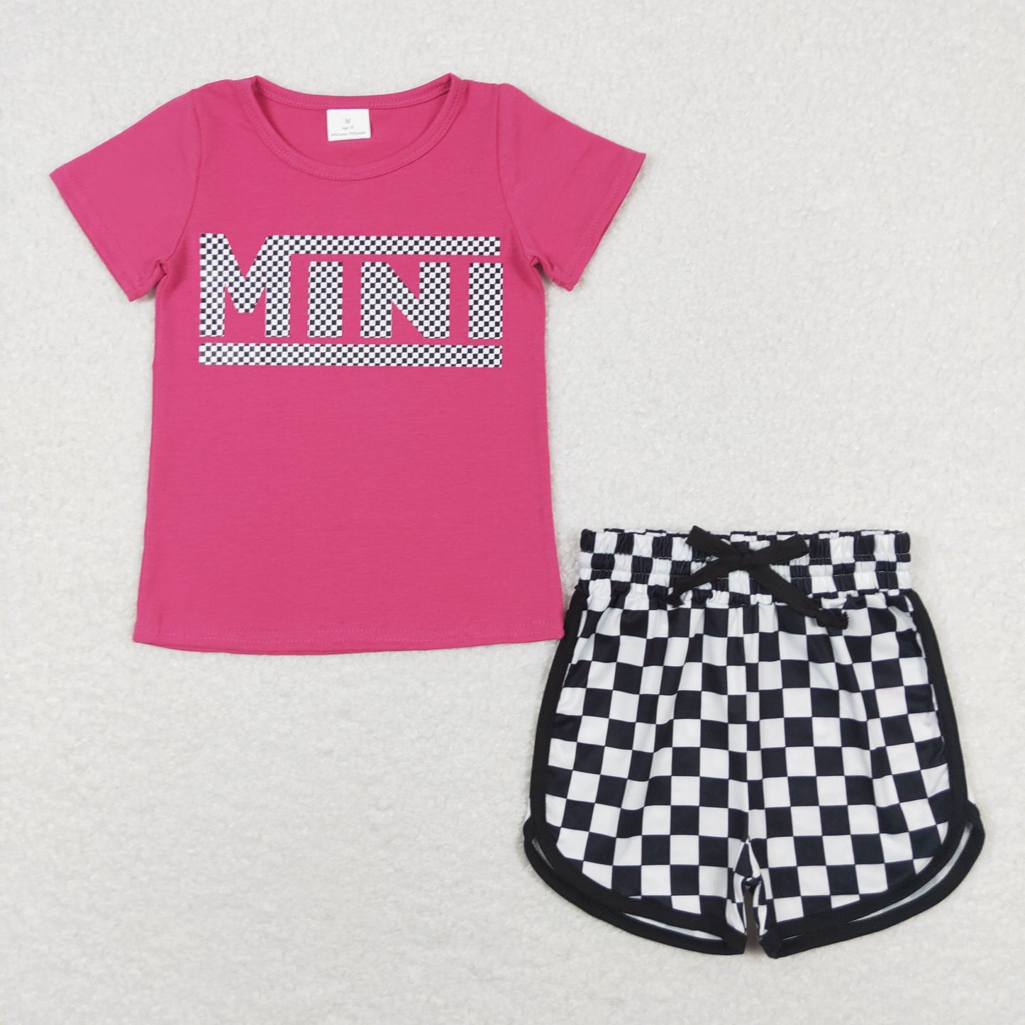 GSSO1215 mini hot pink short sleeve black checkered shorts girls set