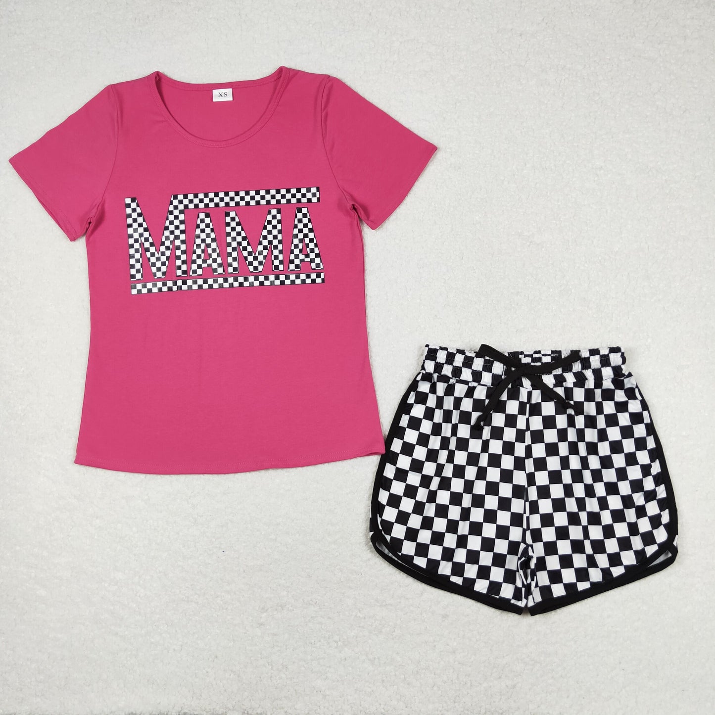 GSSO1210 mama hot pink short sleeve black checkered shorts adult set