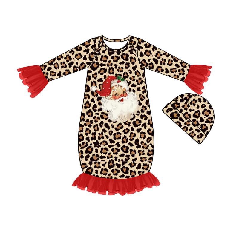 custom S 9.2 Christmas Santa Claus leopard kids gown with hat