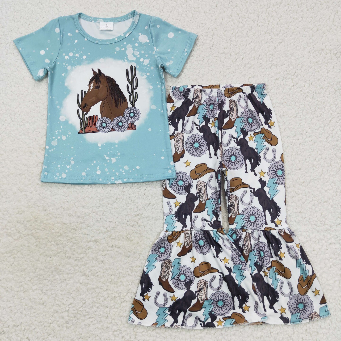 GSPO0831 Western horse cactus blue short sleeve pants girls set