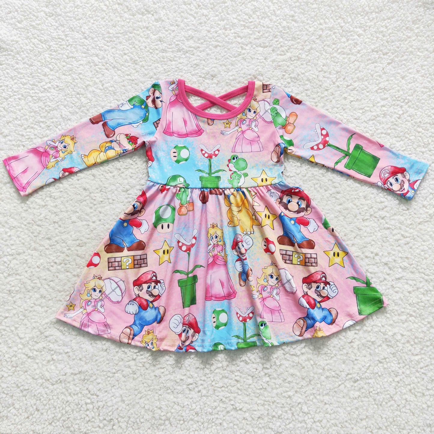 GLD0324 Cartoon princess pink long sleeve girls dress