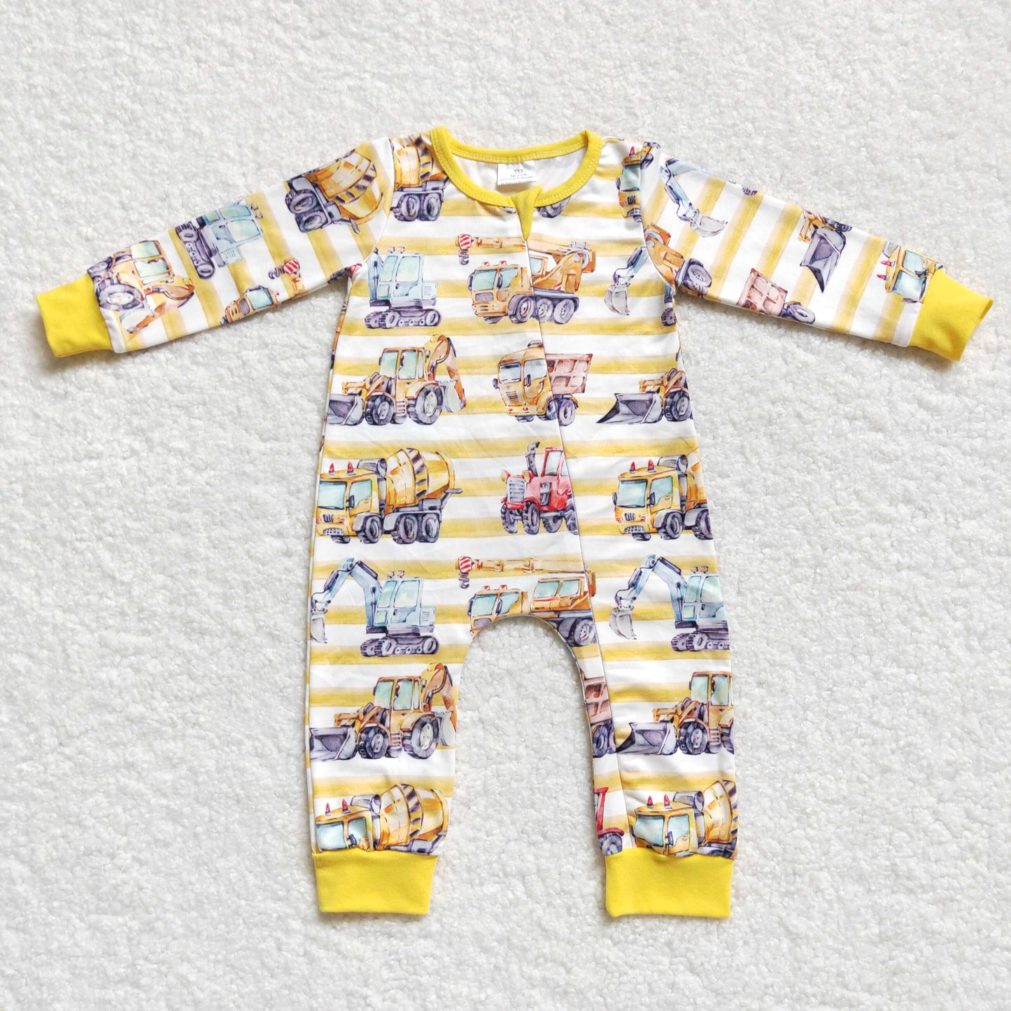 LR0569 Construction truck yellow long sleeve kids romper