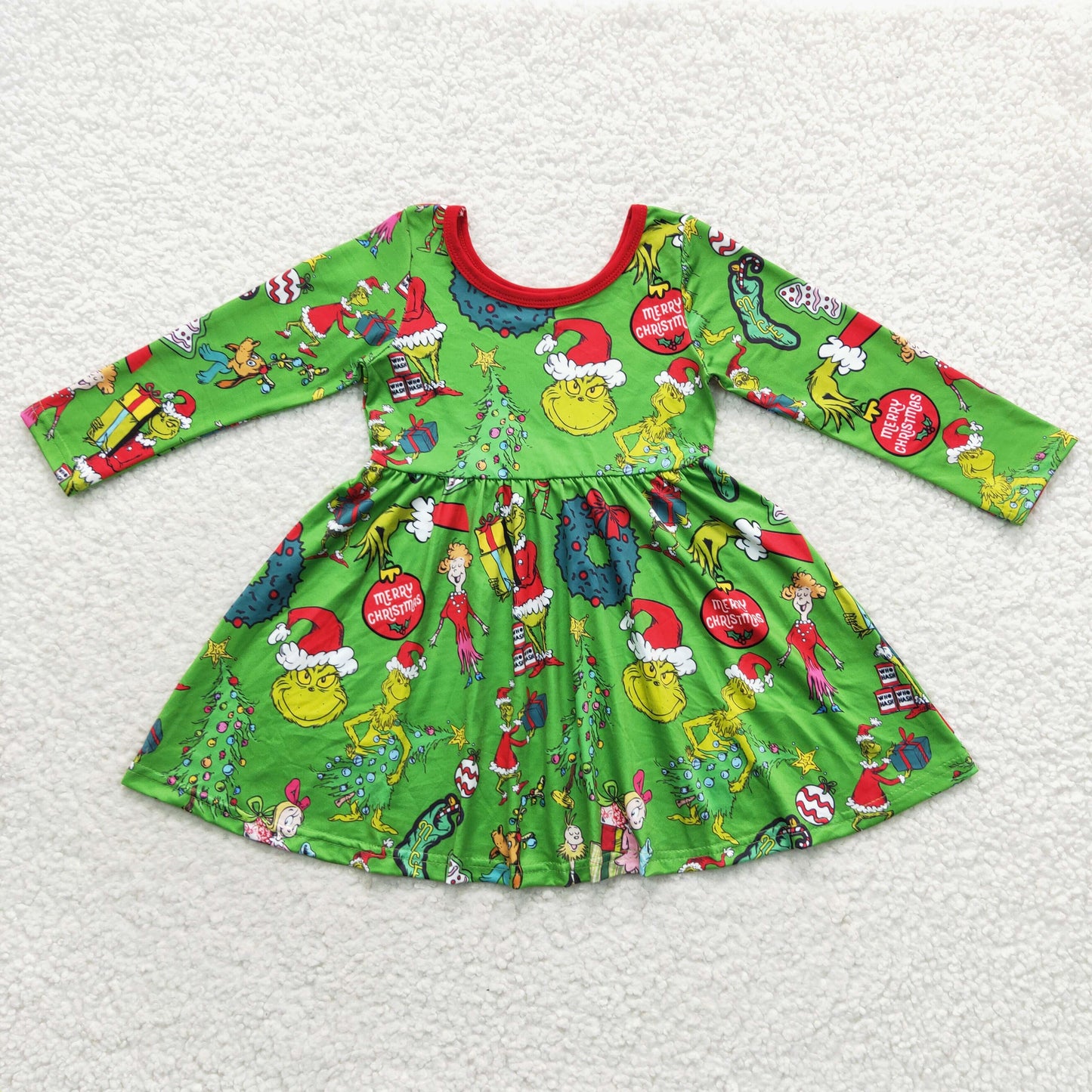 GLD0345 Christmas green face long sleeve girls dress