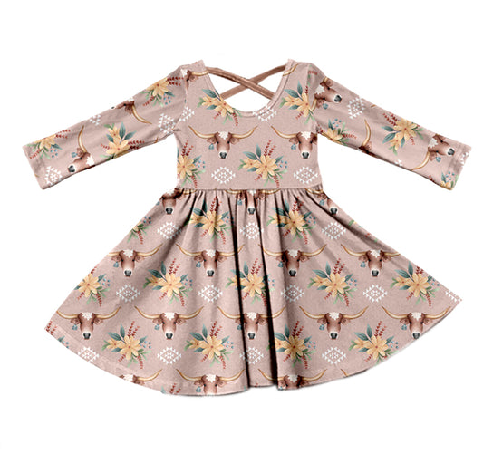 preorder GLD0417 Highland cow & Aztec flowers long sleeve girls dress