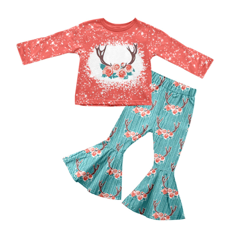 preorder GLP0822 Deer flowers red long sleeve blue pants girls set