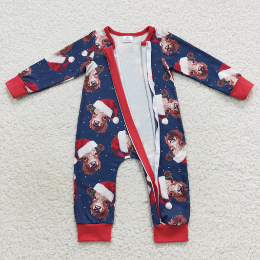 LR0597 Christmas cow dark blue long sleeve kids romper