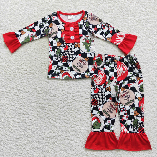 GLP0514 Christmas Green Face Red Long Sleeves Pajamas Girls Clothes