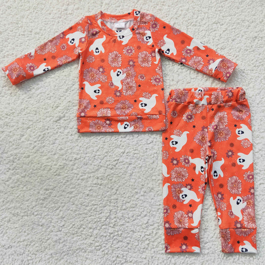 GLP0719 Halloween spooky flowers orange long sleeve pants girls pajamas