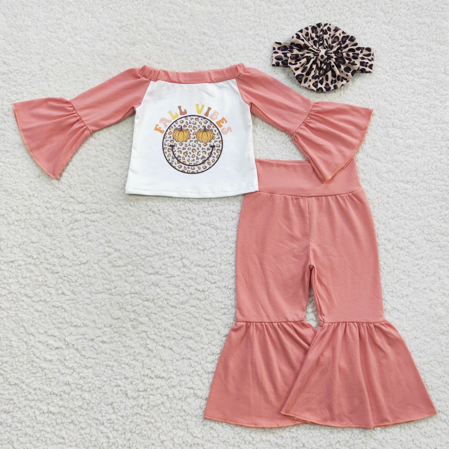 GLP0624 Leopard Smile Pumpkin Brown Long Sleeve Pants Girls Set Kids Clothes