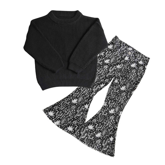 GLP0835 Black sweater long sleeve cactus black denim pants girls set