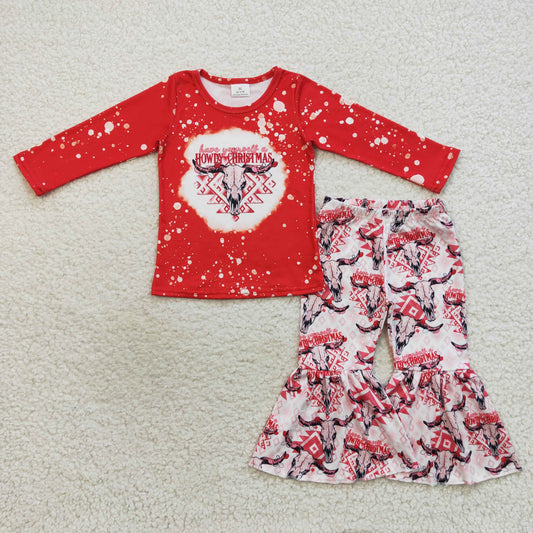 GLP0746 Howdy Christmas cow red long sleeve pants girls set