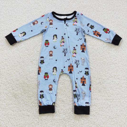 LR0555 Halloween cartoon blue long sleeve kids romper