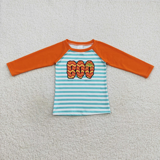 BT0312 Halloween Boo blue striped long sleeve boys top