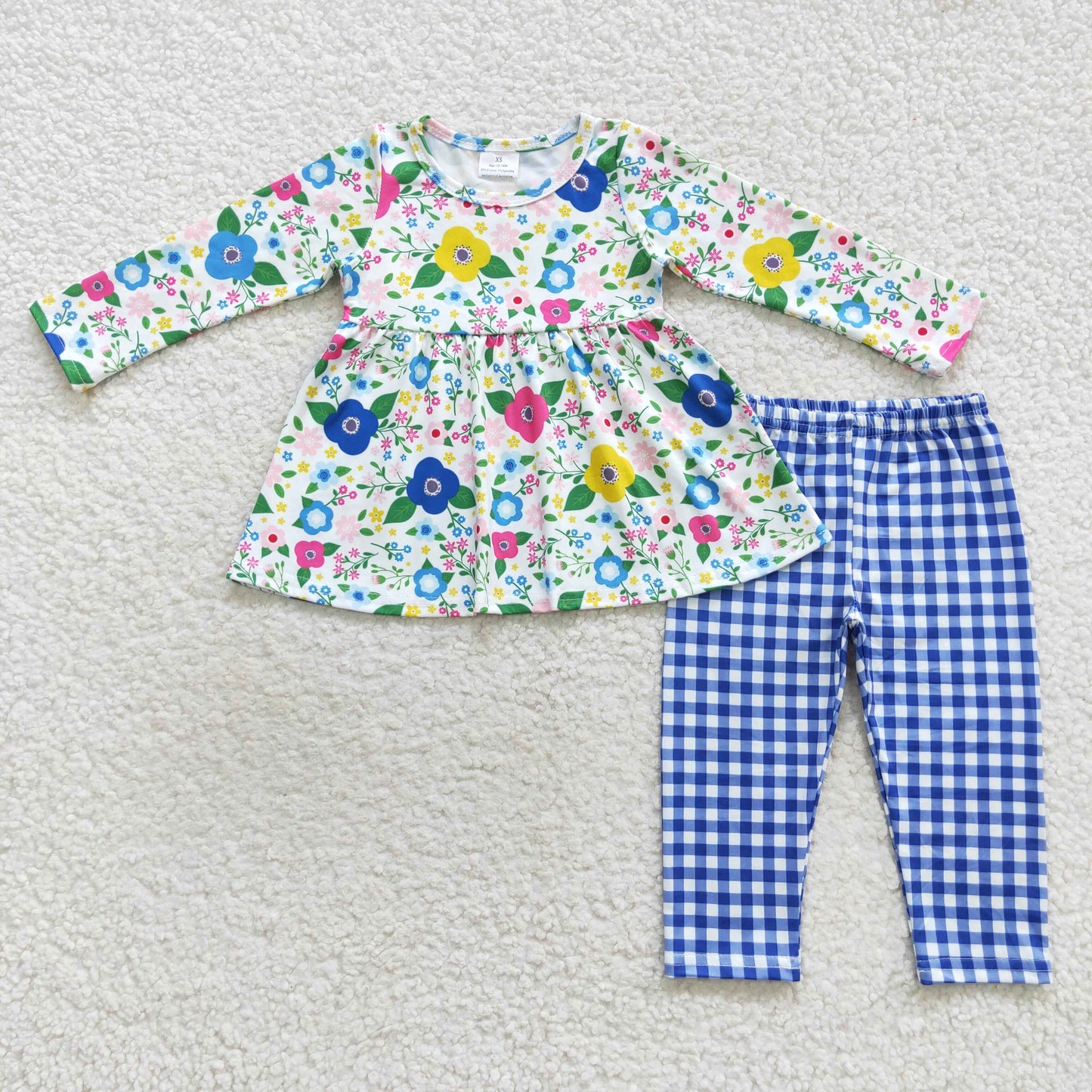 GLP0580 Colorful Flowers Long Sleeve Blue Pants Girls Set
