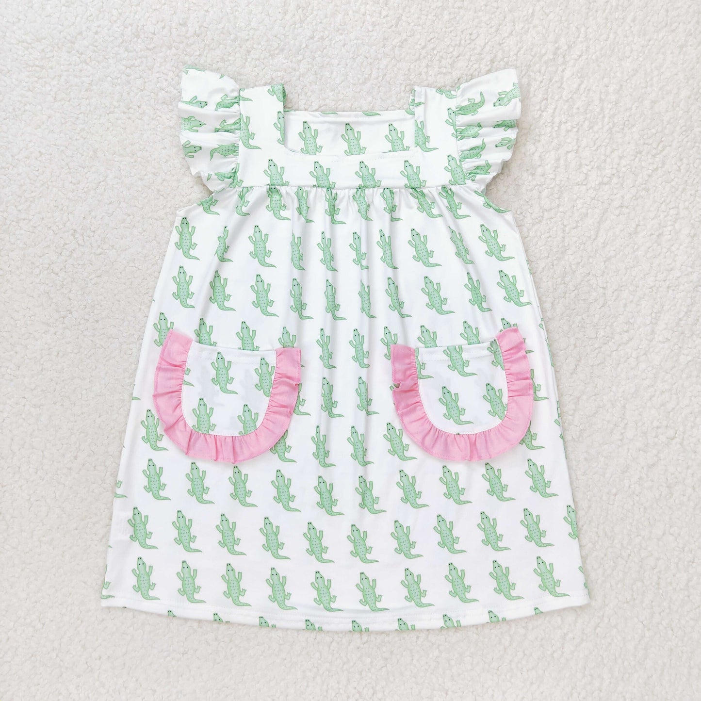 GSD1050 cute crocodile green pockets flutter sleeve girls dress