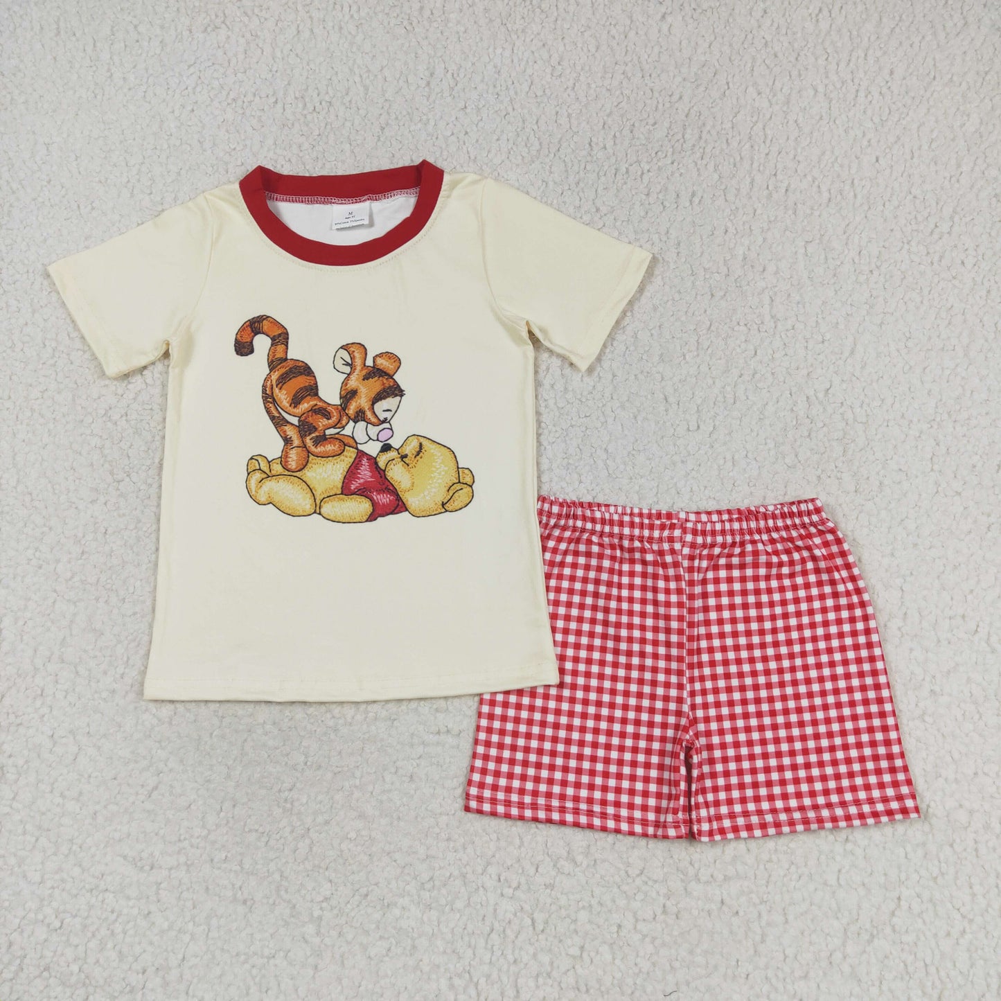 BSSO0939 cartoon bear tiger short sleeve red checkered shorts boys set