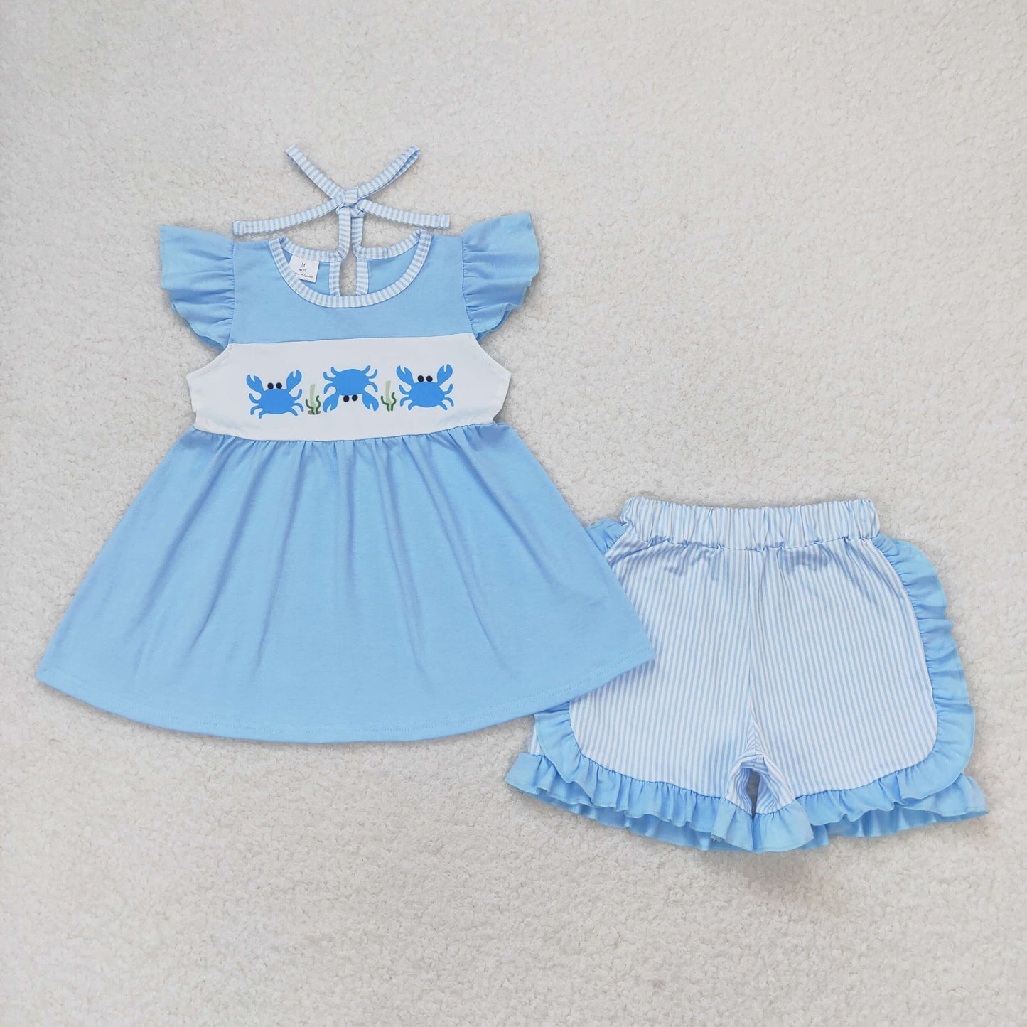 GSSO0927 crab blue flutter sleeve blue striped shorts girls set