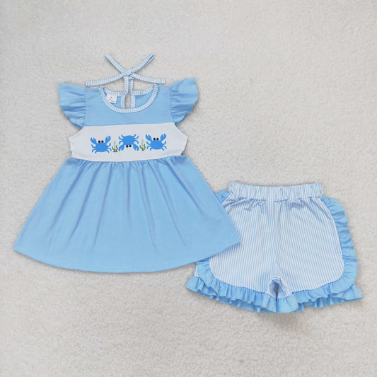 GSSO0927 crab blue flutter sleeve blue striped shorts girls set